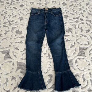 Mother The Cha Cha Fray Jeans 28 Blue Cropped Flare Raw Hem Stretch Denim Pants